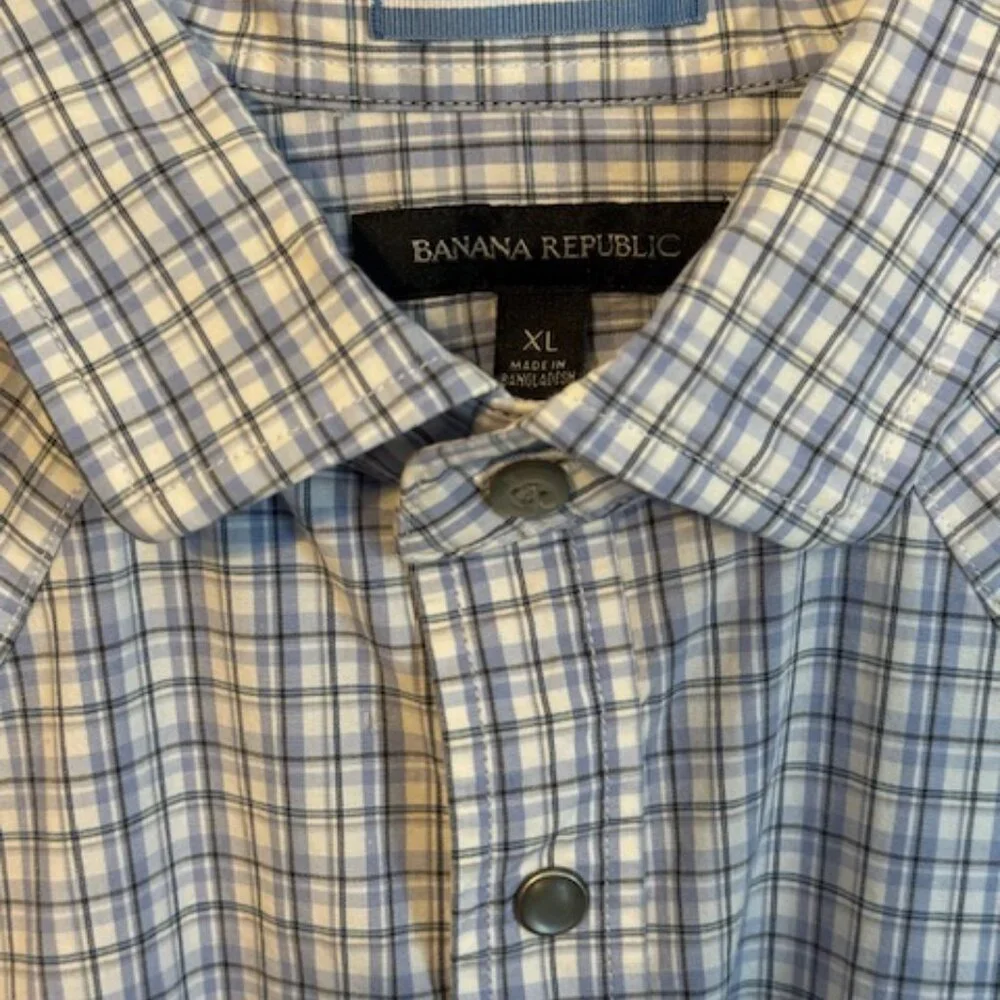 Banana Republic XL Western Plaid Shirt Short Sleeve Snap Front Blue White